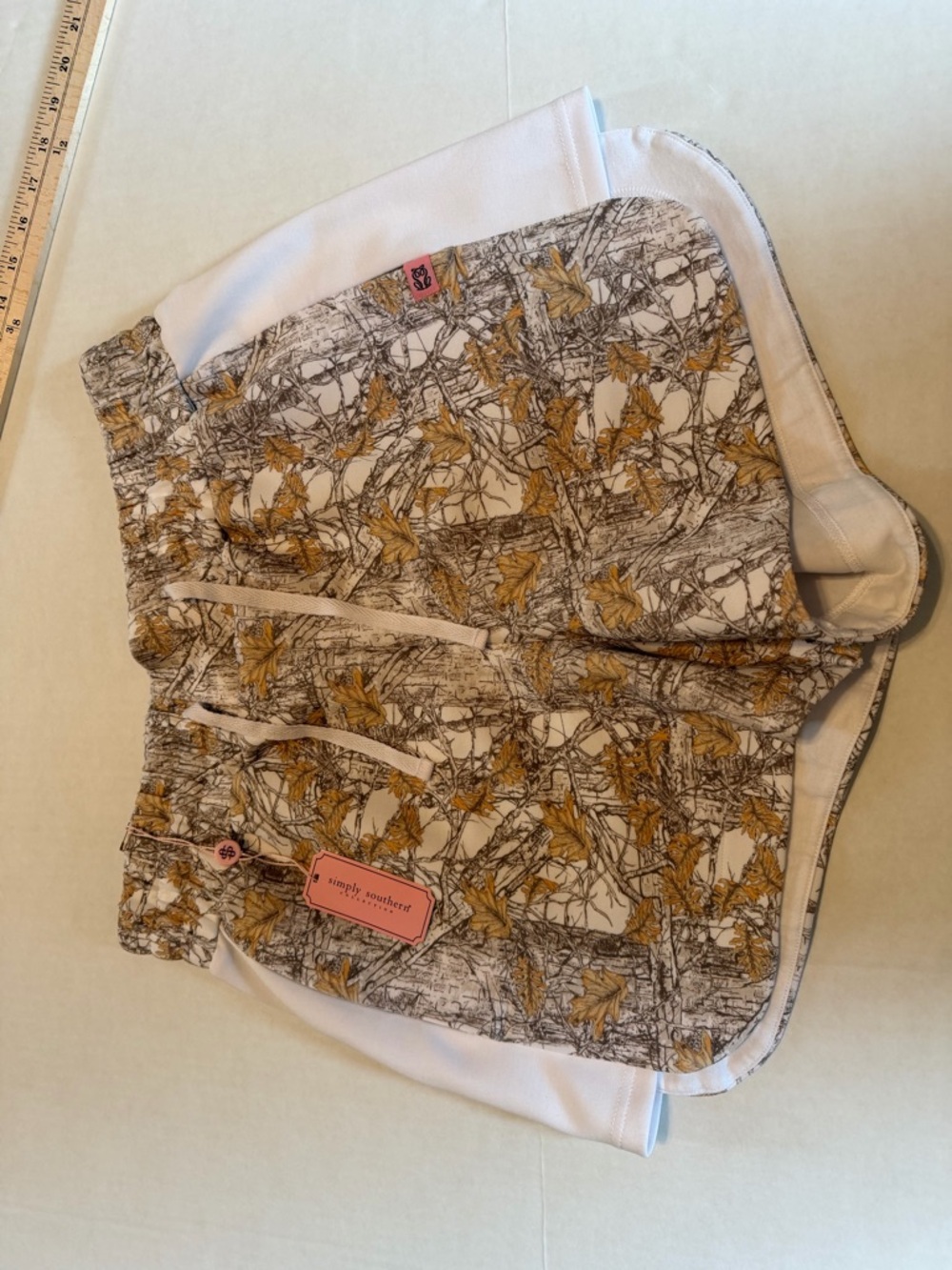 Simply Southern Printed Athletic Shorts - White & Mustard Leaf Print